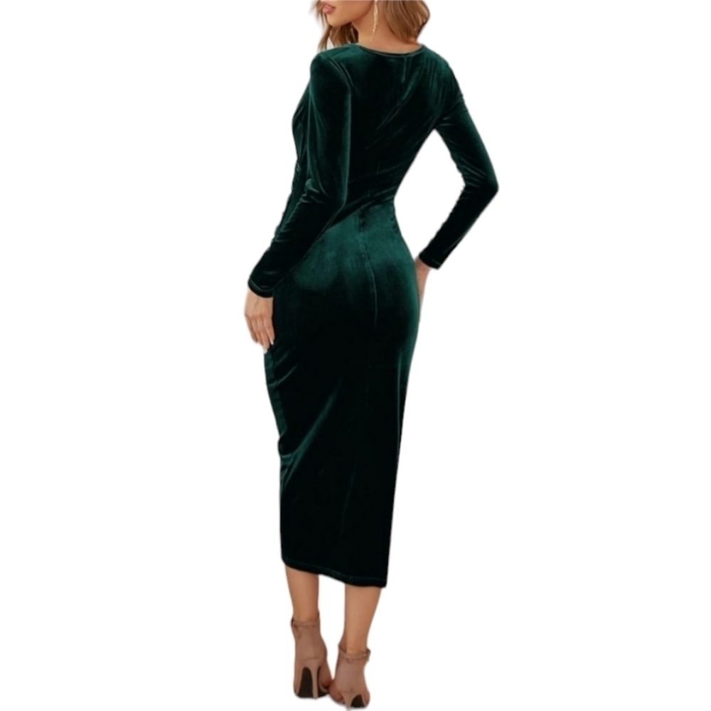 DIRASS Women's Elegant Velvet Long Sleeve Wrap VNeck Ruched Bodycon Cocktail Pa - Picture 2 of 8